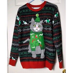 Holiday Hype Furry CAT Ugly Christmas Sweater Adult Medium Black Green Holiday